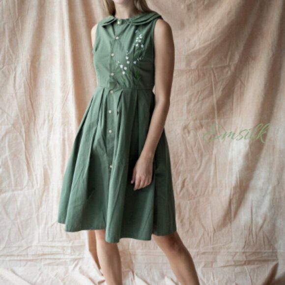 Emsilk Dresses & Skirts - Emsilk Design Hand Embroidered Linen Dress: Olive Green Floral Tea Dress